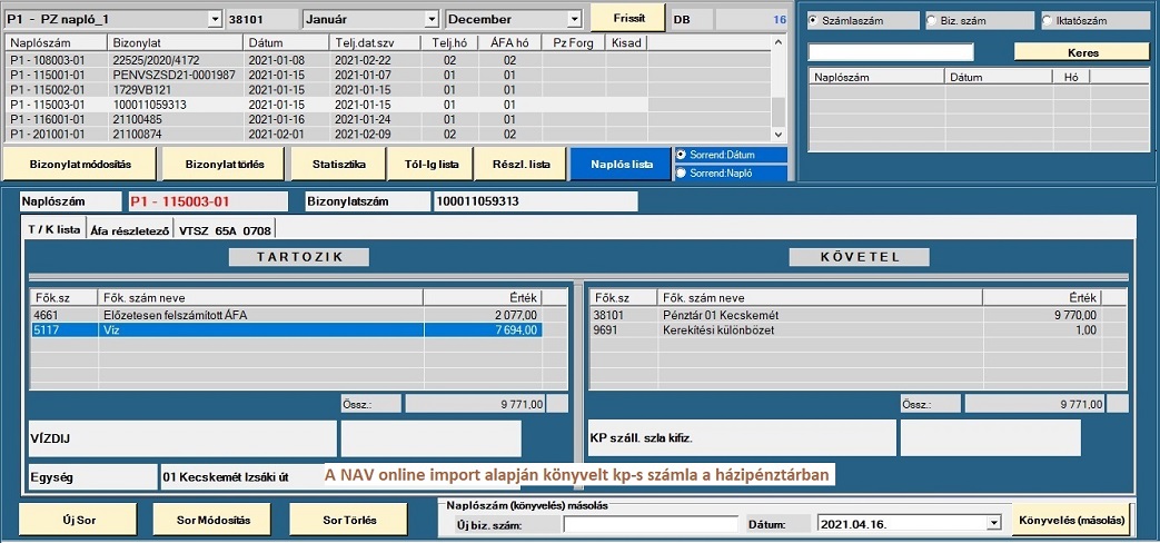 Könyvelő program - kp-s számla a naplós lekérdezésben